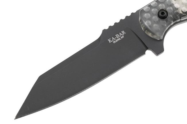 Afbeelding voor KA-BAR Cool Name 7702, Black 1095 Cro-Van Reverse Tanto, Transparent Honeycomb Smoke Polycarbonate, vaststaand mes, Les George design