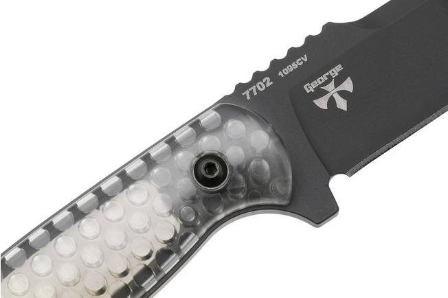Afbeelding voor KA-BAR Cool Name 7702, Black 1095 Cro-Van Reverse Tanto, Transparent Honeycomb Smoke Polycarbonate, vaststaand mes, Les George design