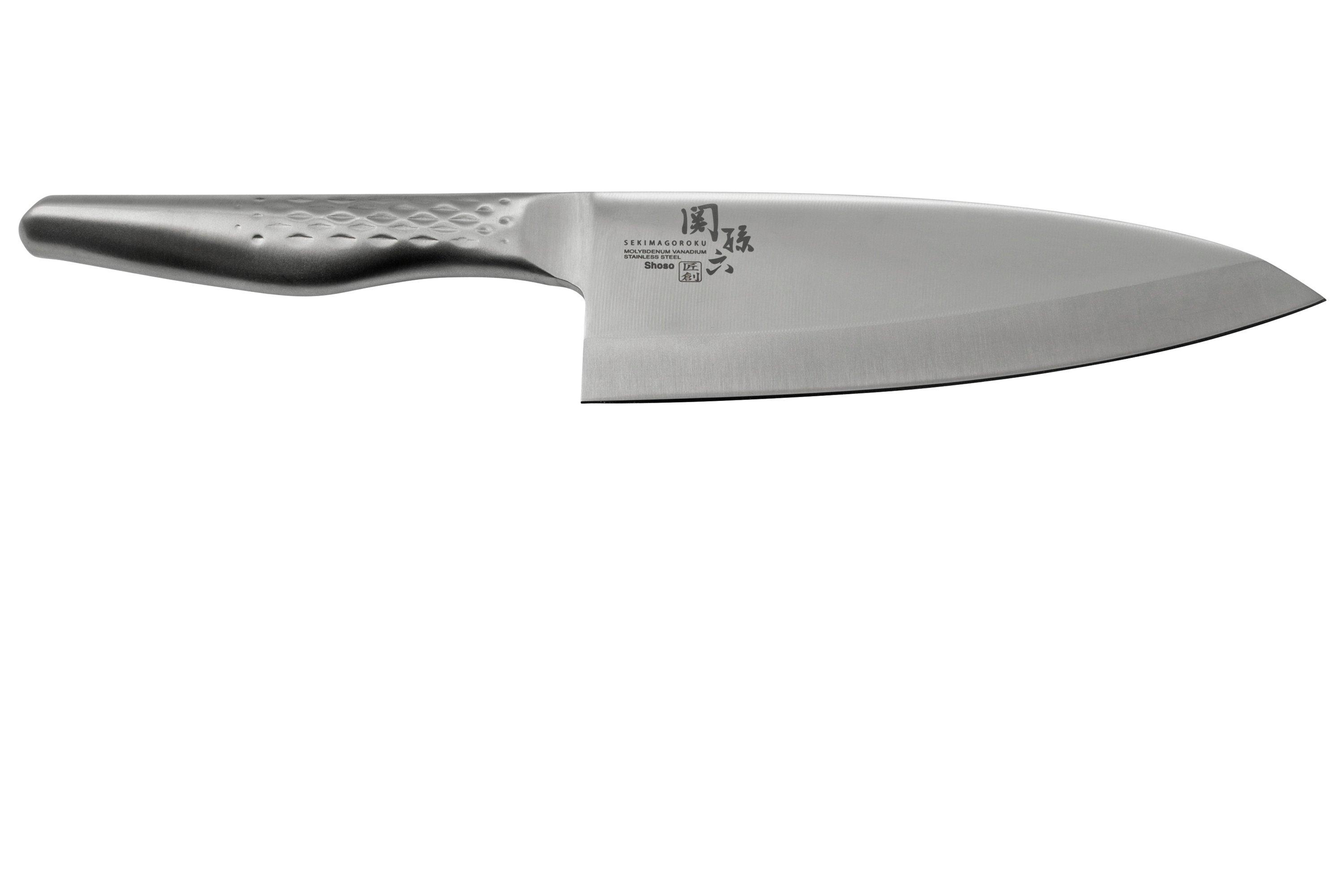 KAI Seki Magoroku Shoso Petit Santoku 14,0 Cm - Acier Inoxydable 5CR15MoV 56 (±1) HRC - Convexe - Manche En Acier Inoxydable 18-8 Avec Motif En Diamant - Couteau De Chef Japonais