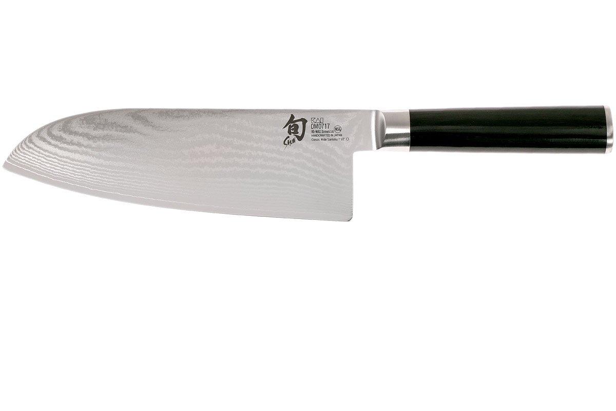 A wide-bladed santoku with a damascus-patterned flank and a black pakkawood handle.
