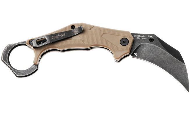Afbeelding voor Kershaw Outlier 2064TANBW, Blackwashed 8Cr13MoV, Tan FRN, karambit zakmes