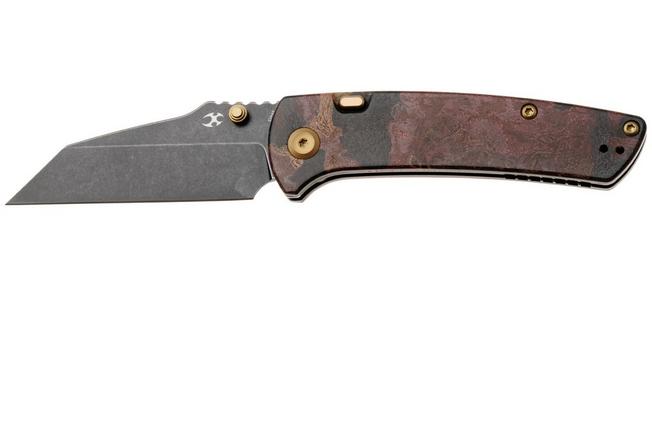 Afbeelding voor Kansept Main Street K1015H1 Blackwashed Elmax, Red Rag Burl Canvas Micarta, zakmes, Dirk Pinkerton design