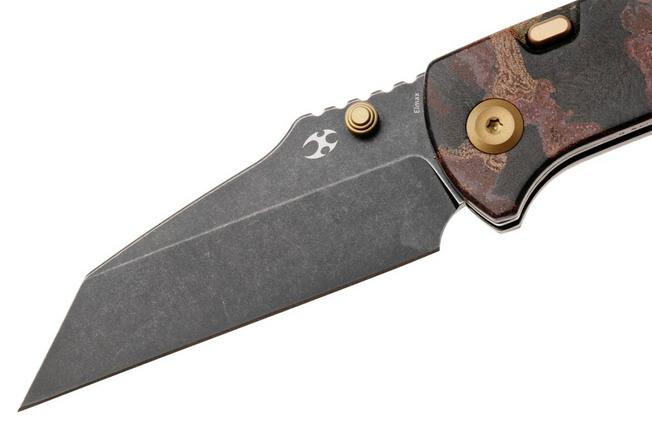 Afbeelding voor Kansept Main Street K1015H1 Blackwashed Elmax, Red Rag Burl Canvas Micarta, zakmes, Dirk Pinkerton design