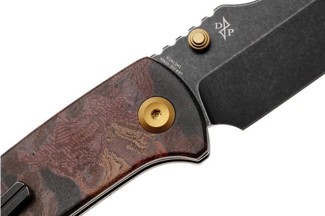 Afbeelding voor Kansept Main Street K1015H1 Blackwashed Elmax, Red Rag Burl Canvas Micarta, zakmes, Dirk Pinkerton design