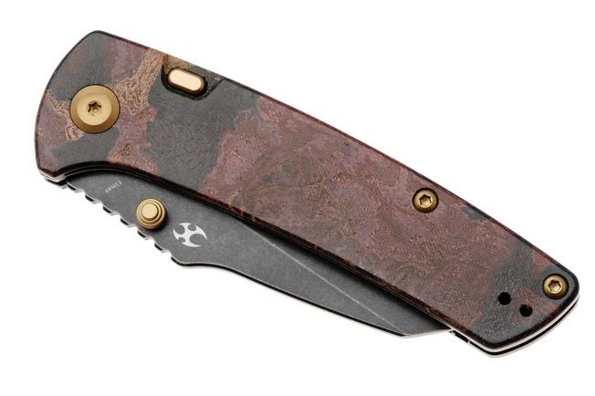 Afbeelding voor Kansept Main Street K1015H1 Blackwashed Elmax, Red Rag Burl Canvas Micarta, zakmes, Dirk Pinkerton design