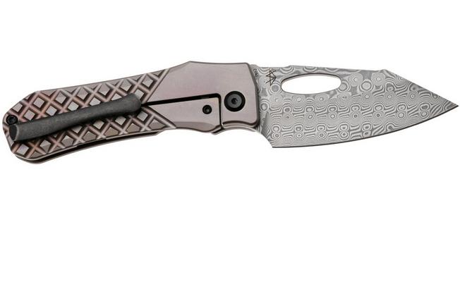 Afbeelding voor Kansept Loki K1058B5, Damascus Steel, Bronzed Frag Pattern Anodized Titanium zakmes, Steven Dunnuck design