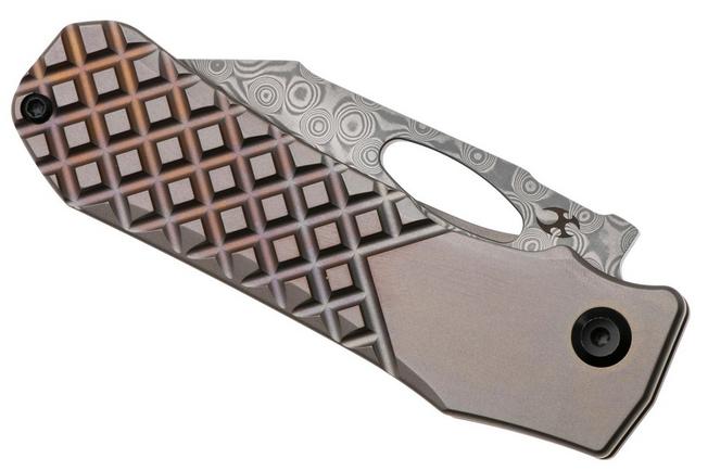 Afbeelding voor Kansept Loki K1058B5, Damascus Steel, Bronzed Frag Pattern Anodized Titanium zakmes, Steven Dunnuck design