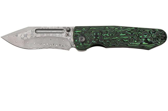 Afbeelding voor Kansept Superhawk K1084B3, Damascus Steel, Grey Titanium, Green Carbon Fiber zakmes, Warhawk Knives design
