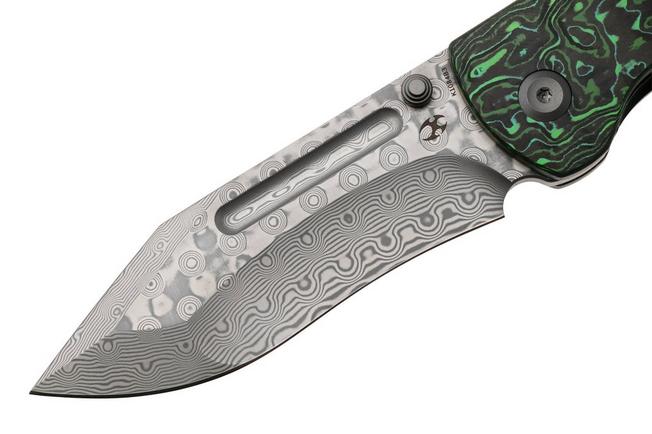 Afbeelding voor Kansept Superhawk K1084B3, Damascus Steel, Grey Titanium, Green Carbon Fiber zakmes, Warhawk Knives design