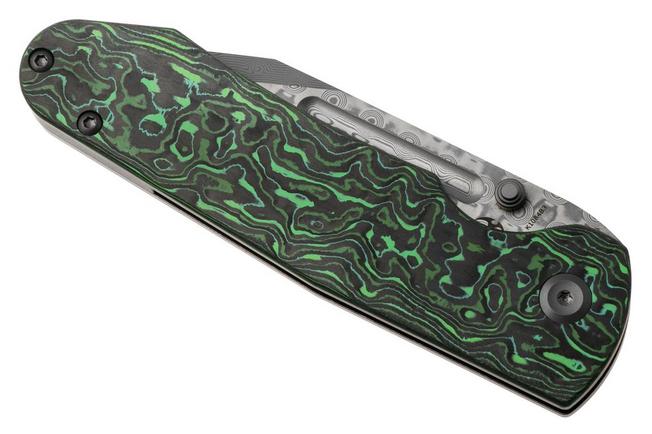 Afbeelding voor Kansept Superhawk K1084B3, Damascus Steel, Grey Titanium, Green Carbon Fiber zakmes, Warhawk Knives design