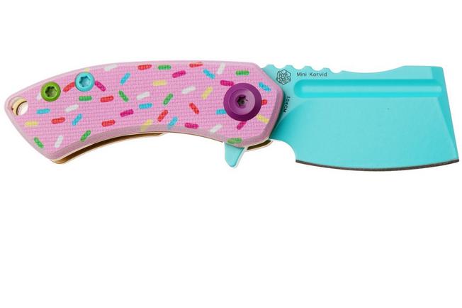 Afbeelding voor Kansept Mini Korvid T3030B1 Stonewashed 154CM, Pink Donut Print G10, zakmes, Justin Koch design