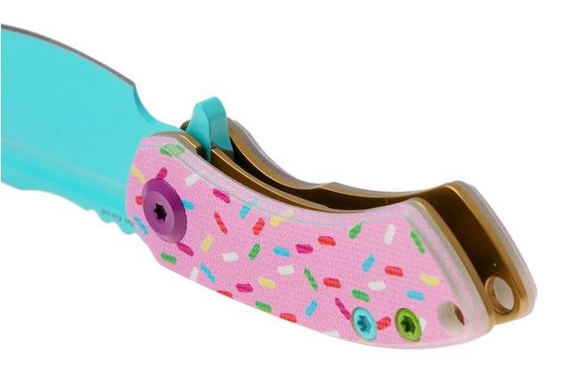 Afbeelding voor Kansept Mini Korvid T3030B1 Stonewashed 154CM, Pink Donut Print G10, zakmes, Justin Koch design