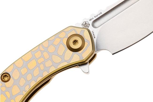 Afbeelding voor Kansept Mini Korvid T3030C3 Stonewashed 154CM, Golden Cracked Eggshell Titanium, zakmes, Justin Koch design