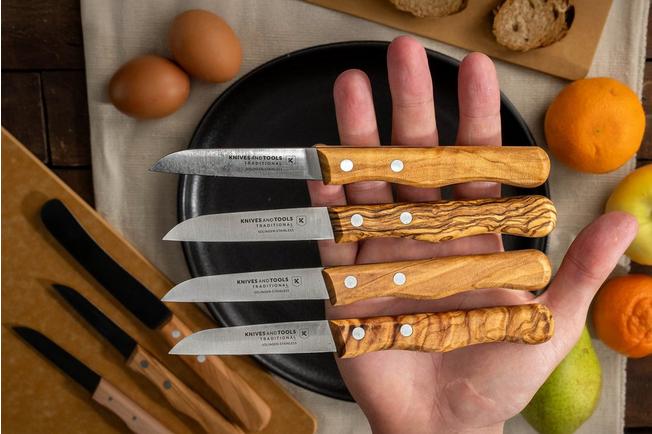 Image pour Knivesandtools Traditional Paring Knife, acier inoxydable, bois d'olivier, set de quatre éplucheurs