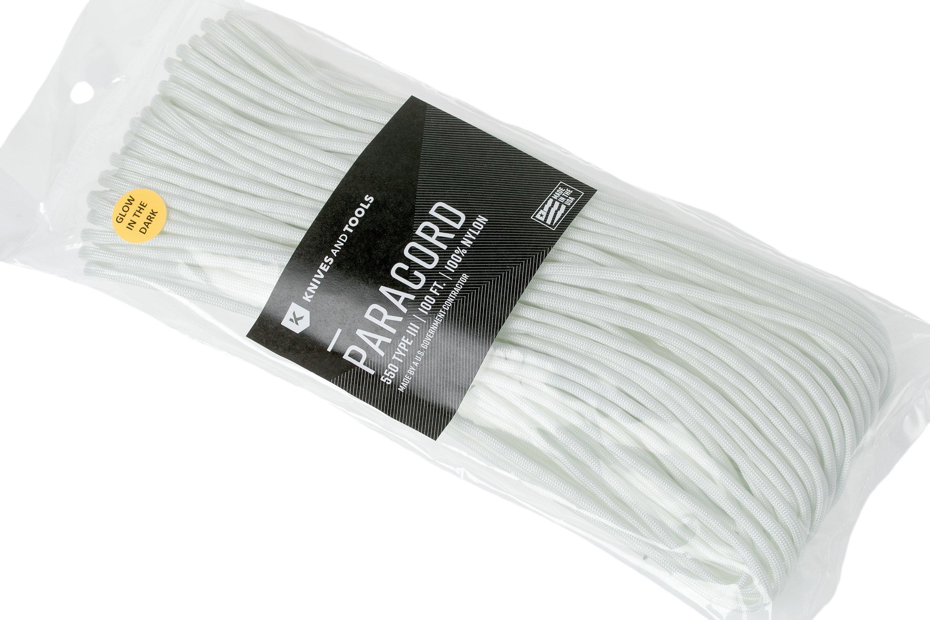 Knivesandtools 550 paracord type III, colour: white w/ glow in the dark,  100 ft (30.48 m)