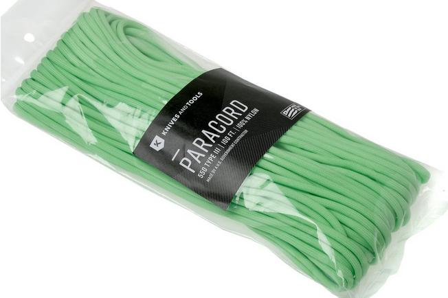 Knivesandtools 550 paracord type III, colour: paraglow light green, 100 ft  (30.48 m)