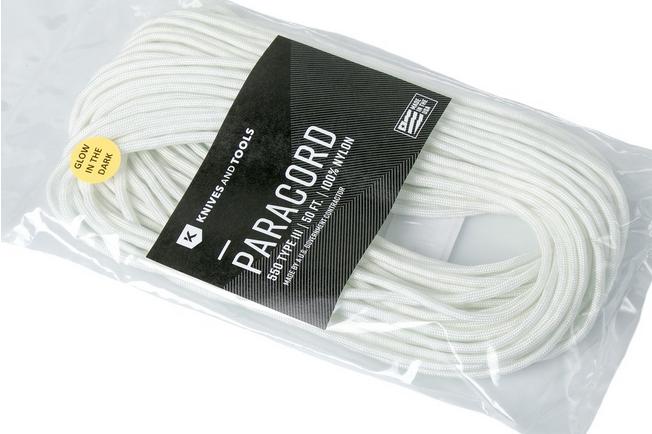 Knivesandtools 550 paracord type III, colour: white w/ glow in the dark, 50  ft (15.24 m)