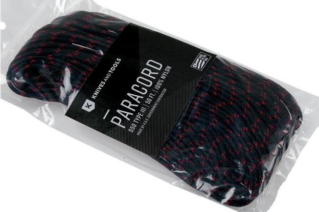 Knivesandtools 550 paracord type III, colour: black & imperial red X - 50  ft (15.24 meters)