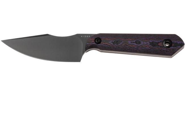Afbeelding voor Kizer Harpoon Mini 1040S9, Black CPM S45VN, Red/Purple/Black Fat Carbon, vaststaand mes, Maverick Customs design