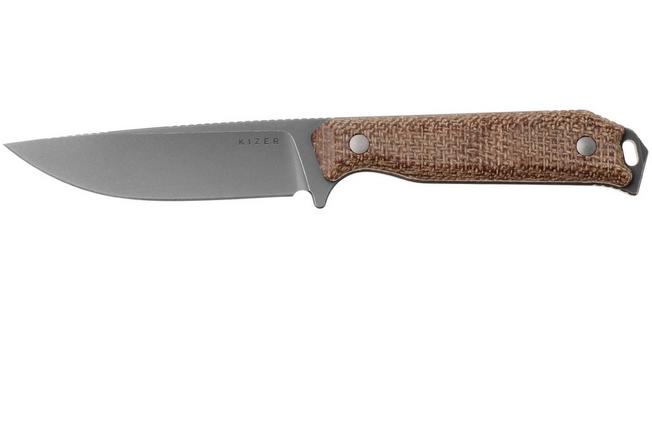 Afbeelding voor Kizer Begleiter Fix 1045MD1, Stonewashed Titanium Gray CPM 3V, Burlap Micarta vaststaand mes, Azo design