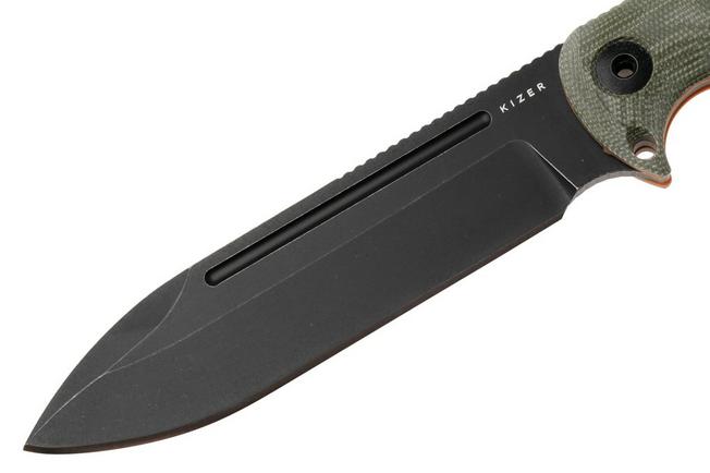 Afbeelding voor Kizer Drop Bear Fix 7 HexShox 1103HSD2, Black PVD Stonewashed AEB-L, Green Micarta and TPE, survivalmes, Azo design