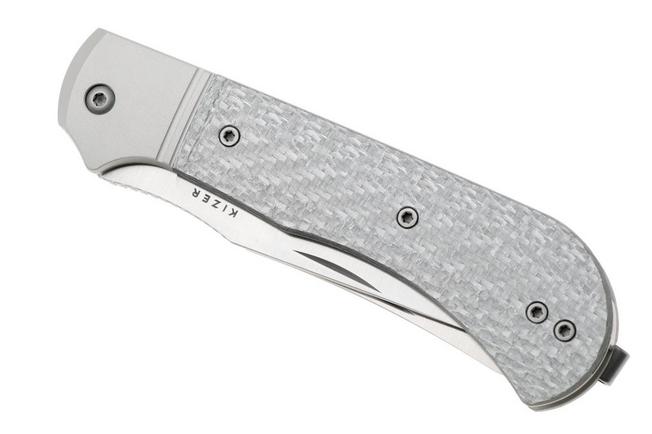 Afbeelding voor Kizer Trestle TP AirTi K3761TPA1, Satin BD1N, Silver Aluminum, Silver Carbon Fiber zakmes, Azo design