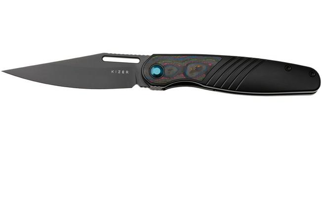 Afbeelding voor Kizer Raze KI3720A1 Matte DLC S45VN, Black Titanium Camo Carbon 80's Inlay, zakmes, Mark Perez design