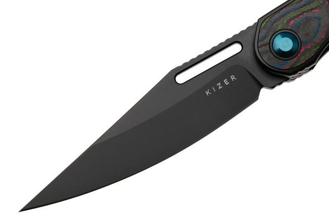 Afbeelding voor Kizer Raze KI3720A1 Matte DLC S45VN, Black Titanium Camo Carbon 80's Inlay, zakmes, Mark Perez design