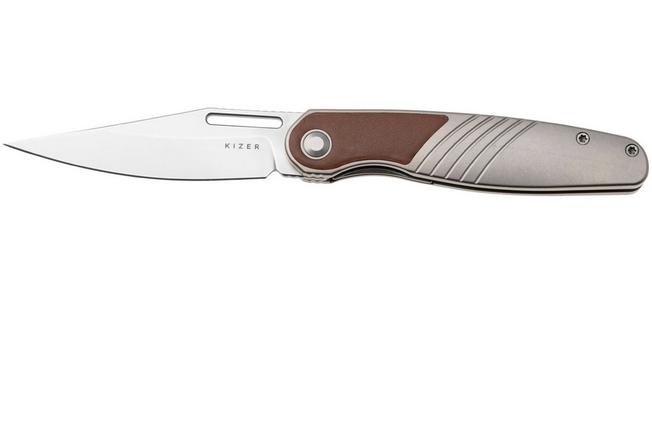Afbeelding voor Kizer Raze KI3720A2 Bubble Stonewashed S45VN, Titanium Leather Inlay, zakmes, Mark Perez design
