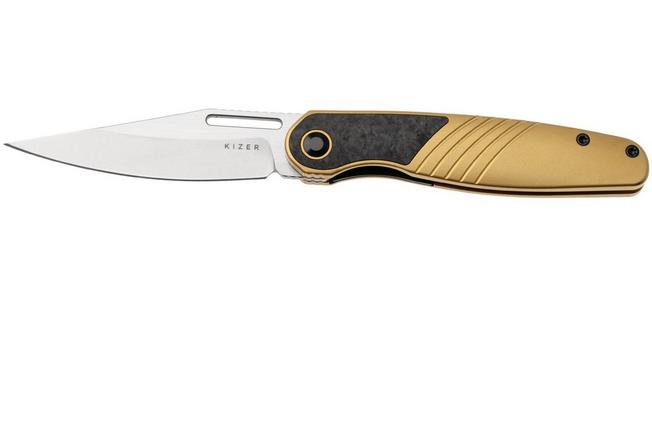 Afbeelding voor Kizer Raze KI3720A3 Two Tone S45VN, Gold Titanium Carbonfiber Inlay, zakmes, Mark Perez design