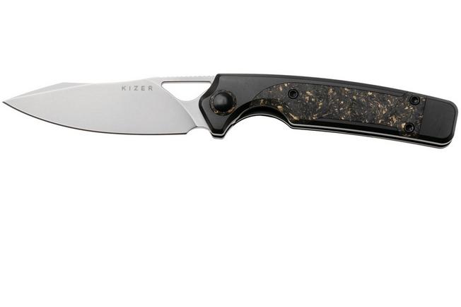 Afbeelding voor Kizer Ara KI3729A1, Bubble Stonewashed CPM S45VN, Titanium / Gold Flake Carbon Fiber zakmes, Jonathan Styles and Paul Munko design