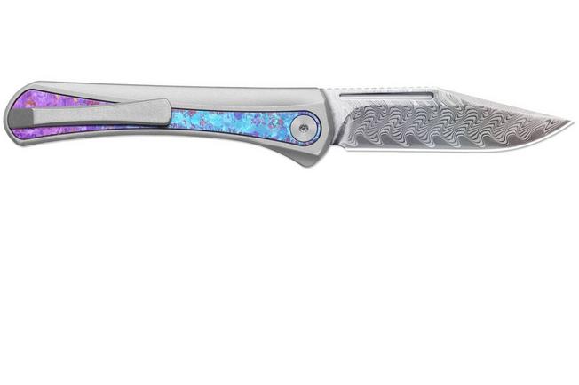 Afbeelding voor Kizer Melody Ki3732A1, Acid-Washed Damascus, Rainbow Aluminum/Crystallized Titanium zakmes, Paul Munko design