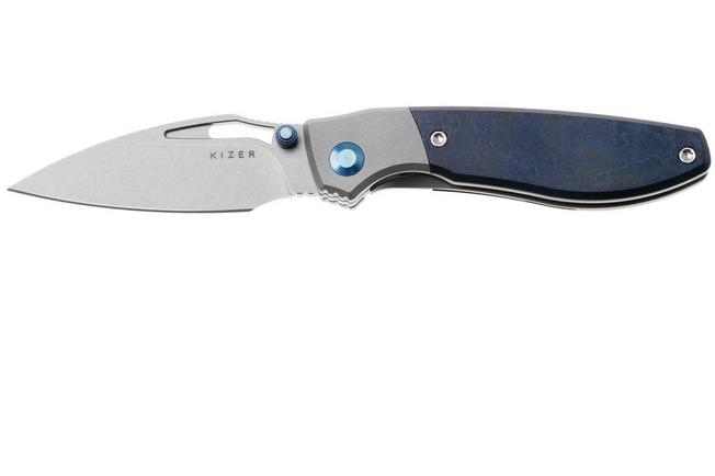 Afbeelding voor Kizer Shrike KI3746A3 Stonewashed S45VN, Titanium & Blue Richlite, zakmes, Johan Jordaan design