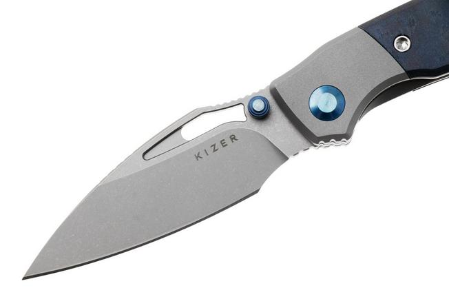 Afbeelding voor Kizer Shrike KI3746A3 Stonewashed S45VN, Titanium & Blue Richlite, zakmes, Johan Jordaan design