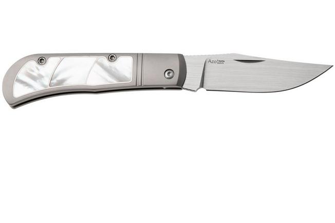 Afbeelding voor Kizer Trestle KI3761A3 Hand Brushed S45VN, Titanium Mother Of Pearl Inlay, zakmes, Azo design