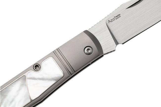 Afbeelding voor Kizer Trestle KI3761A3 Hand Brushed S45VN, Titanium Mother Of Pearl Inlay, zakmes, Azo design