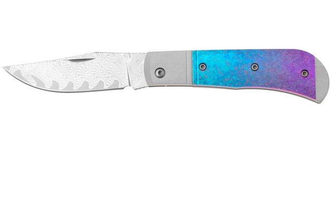 Afbeelding voor Kizer Trestle KI3761A4 Acid Washed Feather Damascus, Aluminum With Crystallized Blurple Titanium, zakmes, Azo design