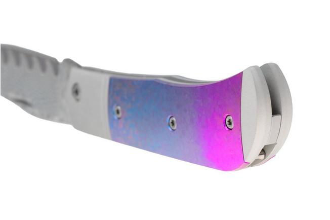 Afbeelding voor Kizer Trestle KI3761A4 Acid Washed Feather Damascus, Aluminum With Crystallized Blurple Titanium, zakmes, Azo design