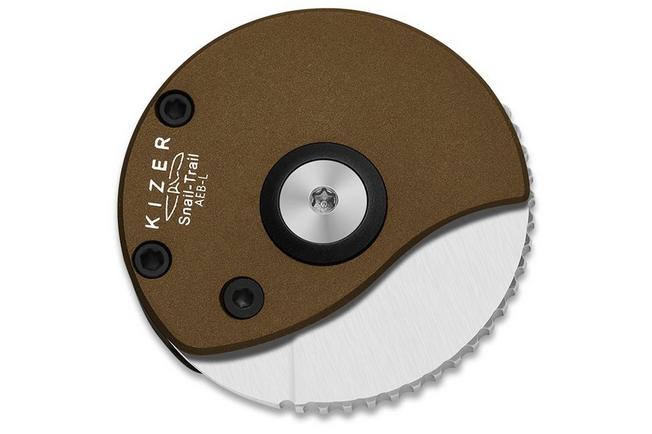 Afbeelding voor Kizer Vanguard Snail-Trail V2757A1 Satin AEB-L, Brass Aluminium, zakmes, Caleb Waldman design