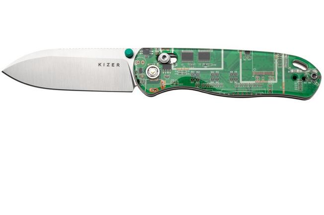 Afbeelding voor Kizer Drop Bear PCB Clutch Lock V3619A18 Satin Nitro-V, Green Resin & PCB, Limited Edition zakmes
