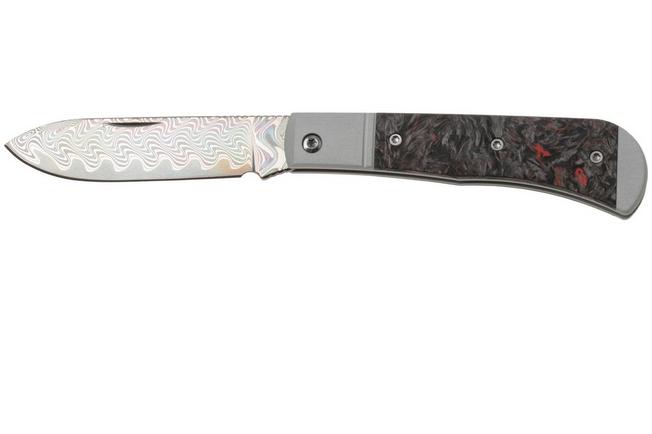 Afbeelding voor Kizer Vanguard Trestle D V3760A5 Acid-Washed Rainbow Damascus, Aluminium & Red FatCarbon, zakmes, Azo design