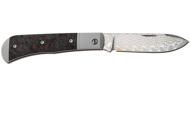 Afbeelding voor Kizer Vanguard Trestle D V3760A5 Acid-Washed Rainbow Damascus, Aluminium & Red FatCarbon, zakmes, Azo design