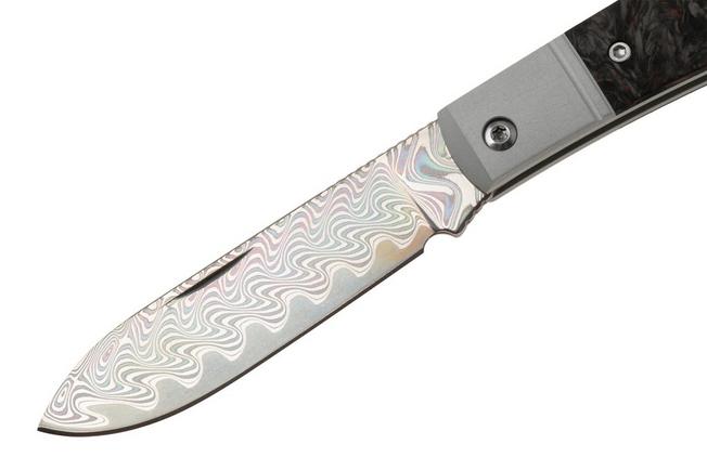 Afbeelding voor Kizer Vanguard Trestle D V3760A5 Acid-Washed Rainbow Damascus, Aluminium & Red FatCarbon, zakmes, Azo design