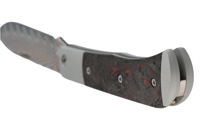 Afbeelding voor Kizer Vanguard Trestle D V3760A5 Acid-Washed Rainbow Damascus, Aluminium & Red FatCarbon, zakmes, Azo design