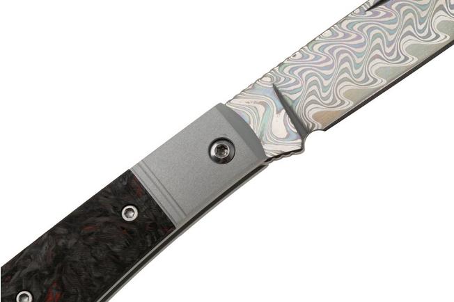 Afbeelding voor Kizer Vanguard Trestle D V3760A5 Acid-Washed Rainbow Damascus, Aluminium & Red FatCarbon, zakmes, Azo design