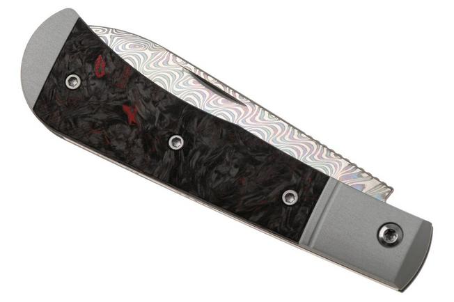 Afbeelding voor Kizer Vanguard Trestle D V3760A5 Acid-Washed Rainbow Damascus, Aluminium & Red FatCarbon, zakmes, Azo design