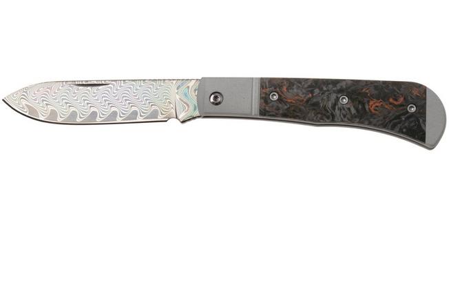 Afbeelding voor Kizer Vanguard Trestle D V3760A6 Acid-Washed Rainbow Damascus, Aluminium & Orange FatCarbon, zakmes, Azo design