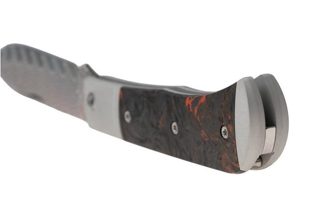 Afbeelding voor Kizer Vanguard Trestle D V3760A6 Acid-Washed Rainbow Damascus, Aluminium & Orange FatCarbon, zakmes, Azo design