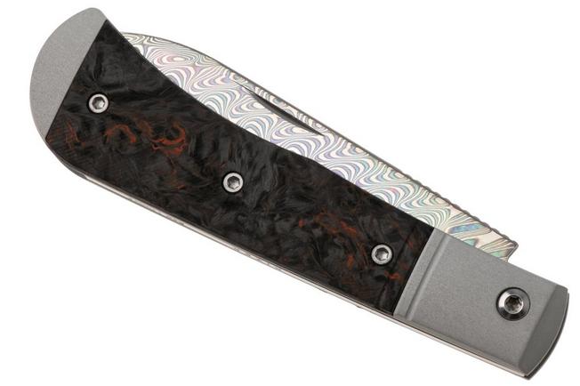 Afbeelding voor Kizer Vanguard Trestle D V3760A6 Acid-Washed Rainbow Damascus, Aluminium & Orange FatCarbon, zakmes, Azo design