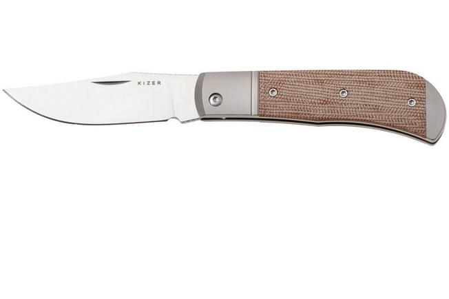 Afbeelding voor Kizer Vanguard Trestle V3761A1 Satin 14C28N, Titanium Micarta Inlay, zakmes, Azo design